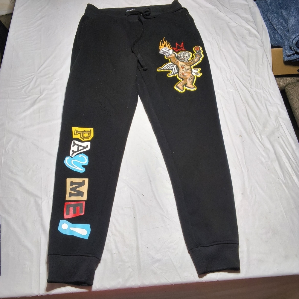 Rebel Minds Black Pay me 🤑 sweatpants W/ stitched, Patchwork Size Large - Picture 2 of 8